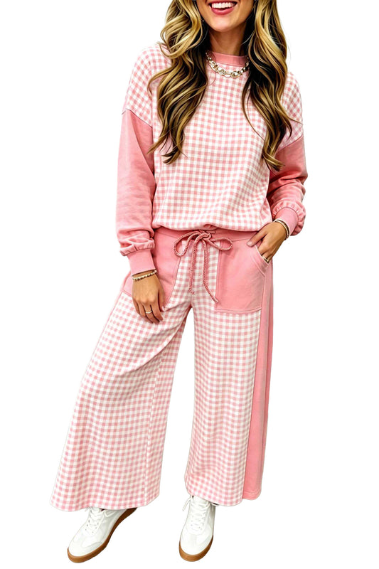 Green Color Block Plaid Patchwork Long Sleeve Pullover Wide Leg Pant Set