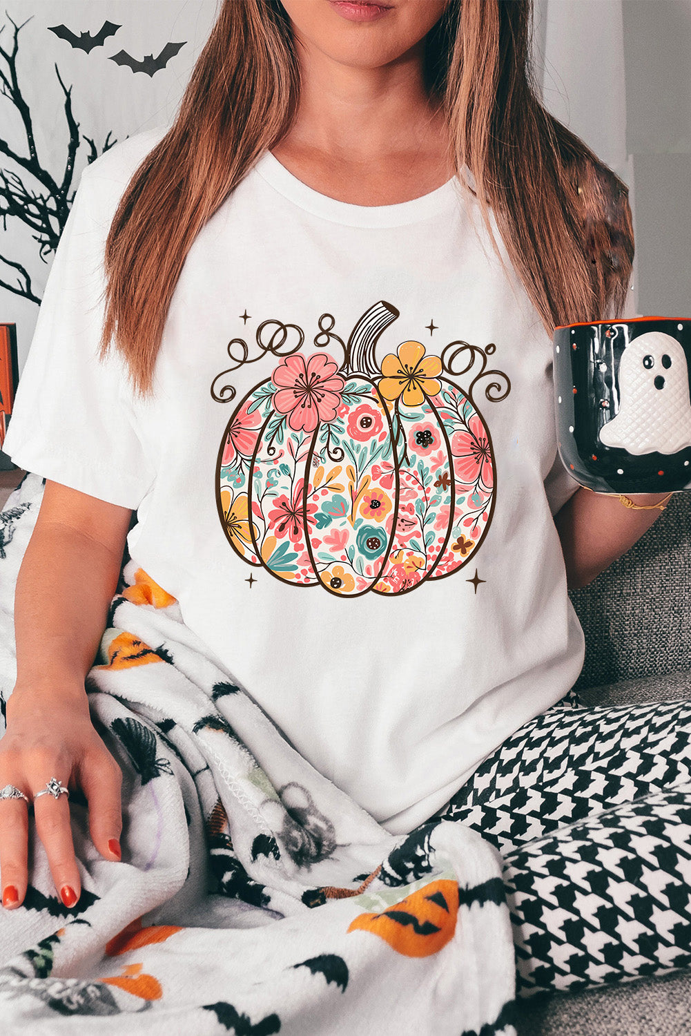 White Floral Pumpkin Heat Transfer Printing Cotton Blend T Shirt