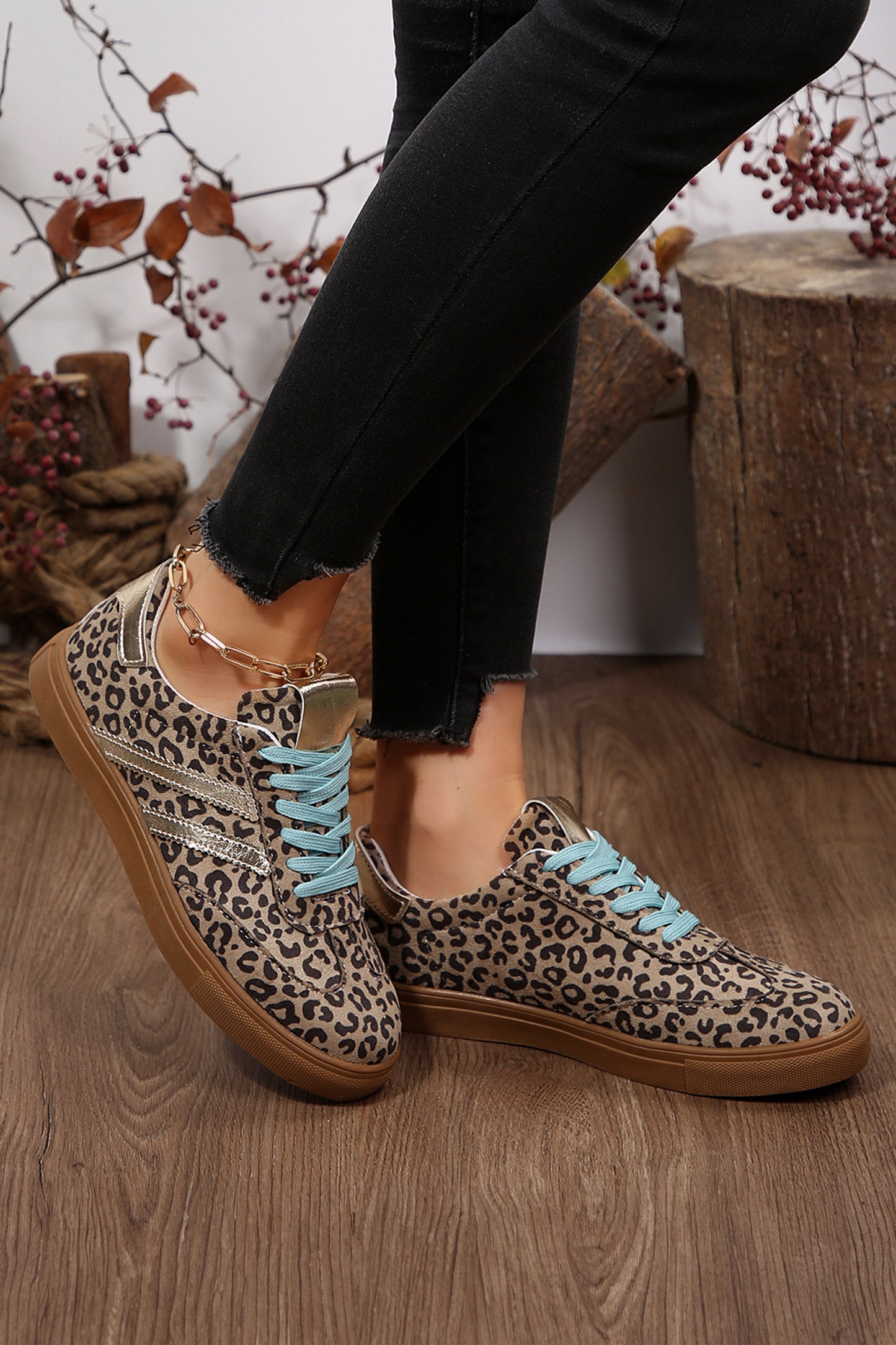 Coffee Faux Suede Leopard Print Sleek PU Leather Detail Lace Up Sneakers