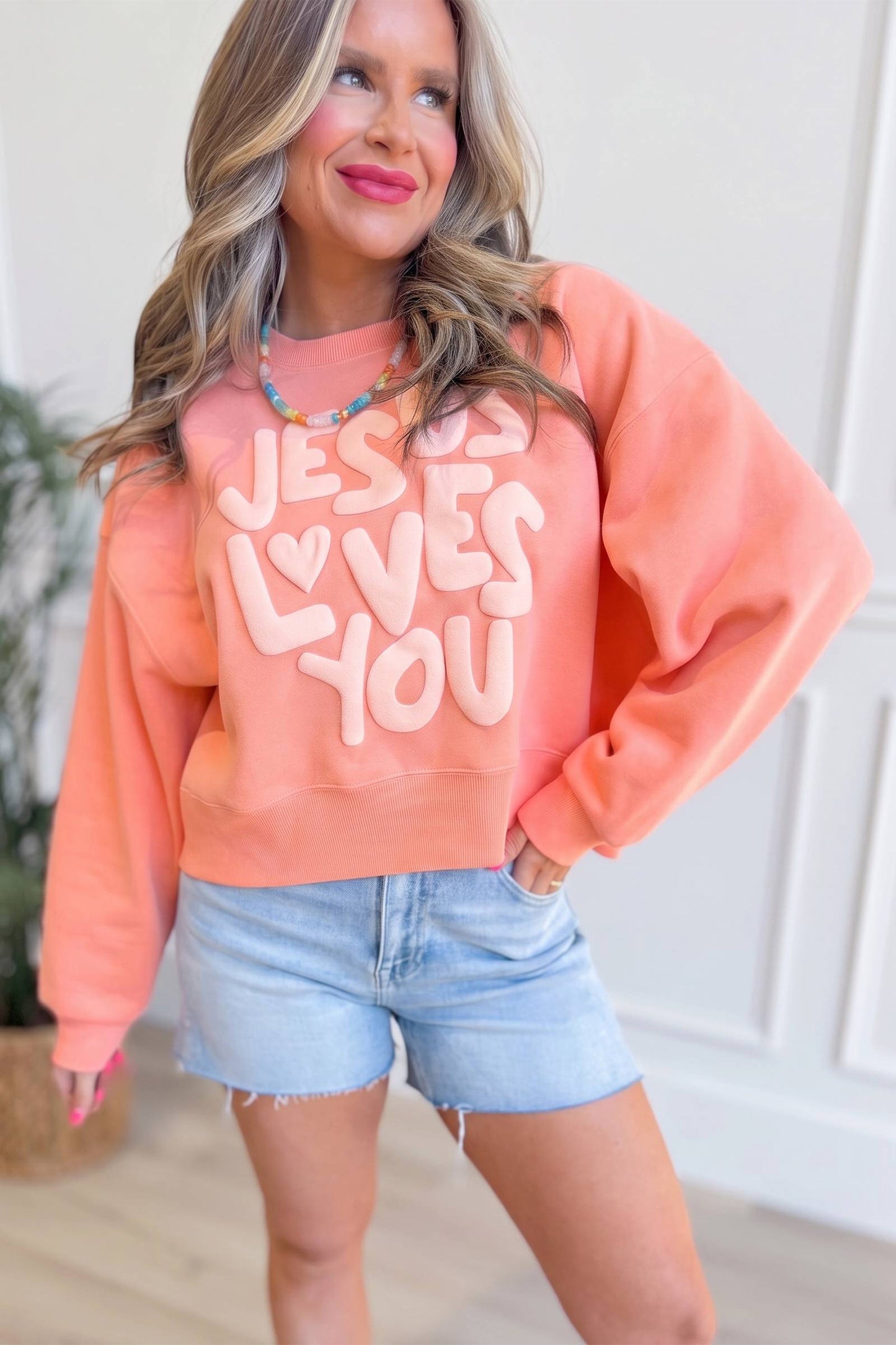 Grapefruit Orange JESUS LOVES YOU Puffy Letter Graphic Sweatshirt