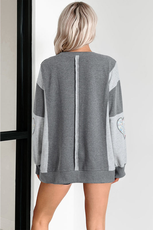 Dark Grey Floral LOVE Graphic Patchwork Uneven Hem Sweatshirt