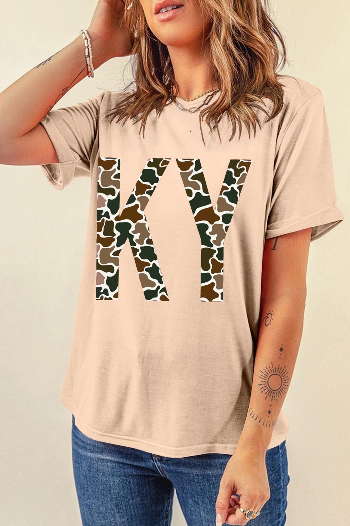 Khaki Camouflage KY Printed Casual Tee