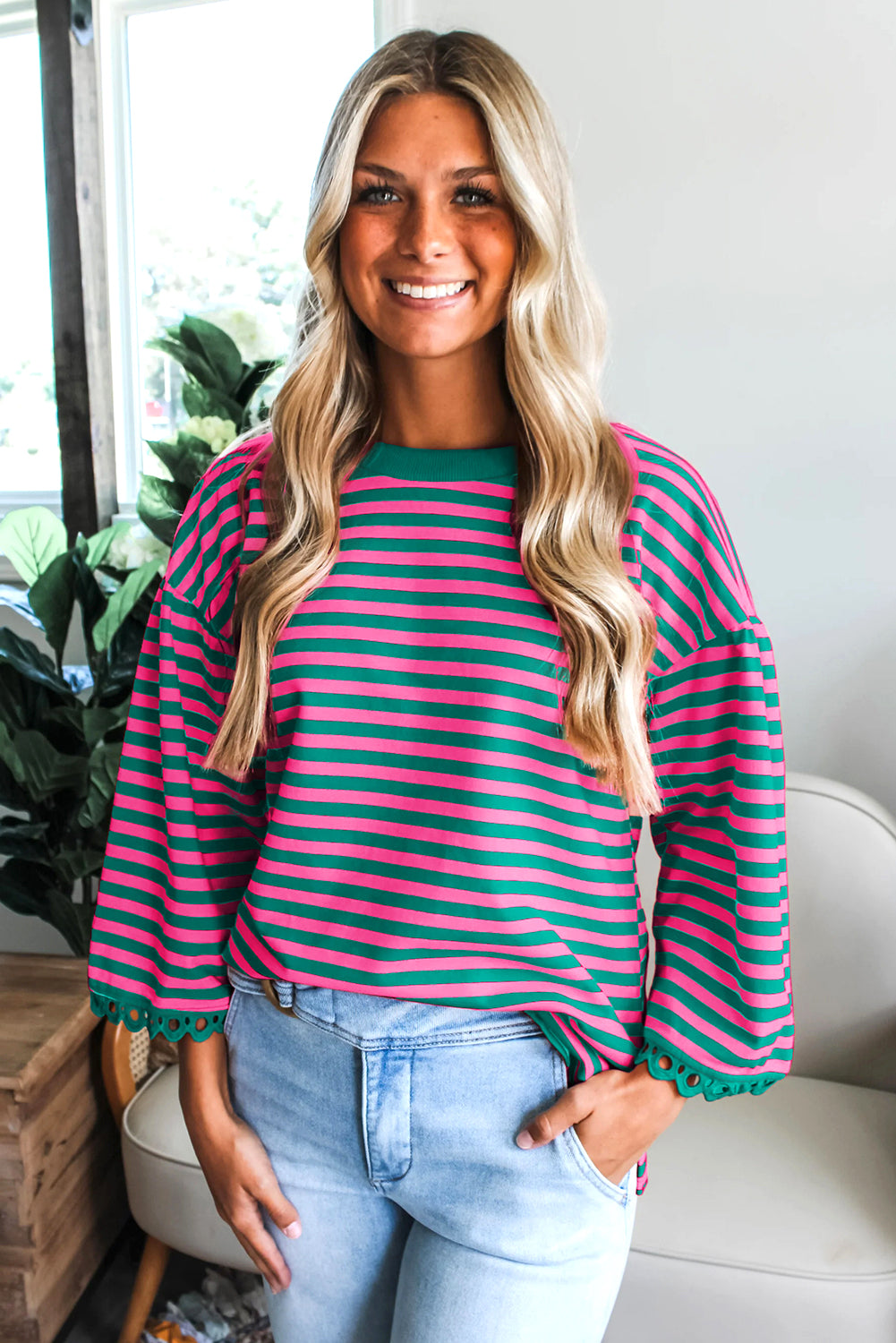 Sachet Pink Striped Print Drop Shoulder Lace Trim Bracelet Sleeve Loose Top