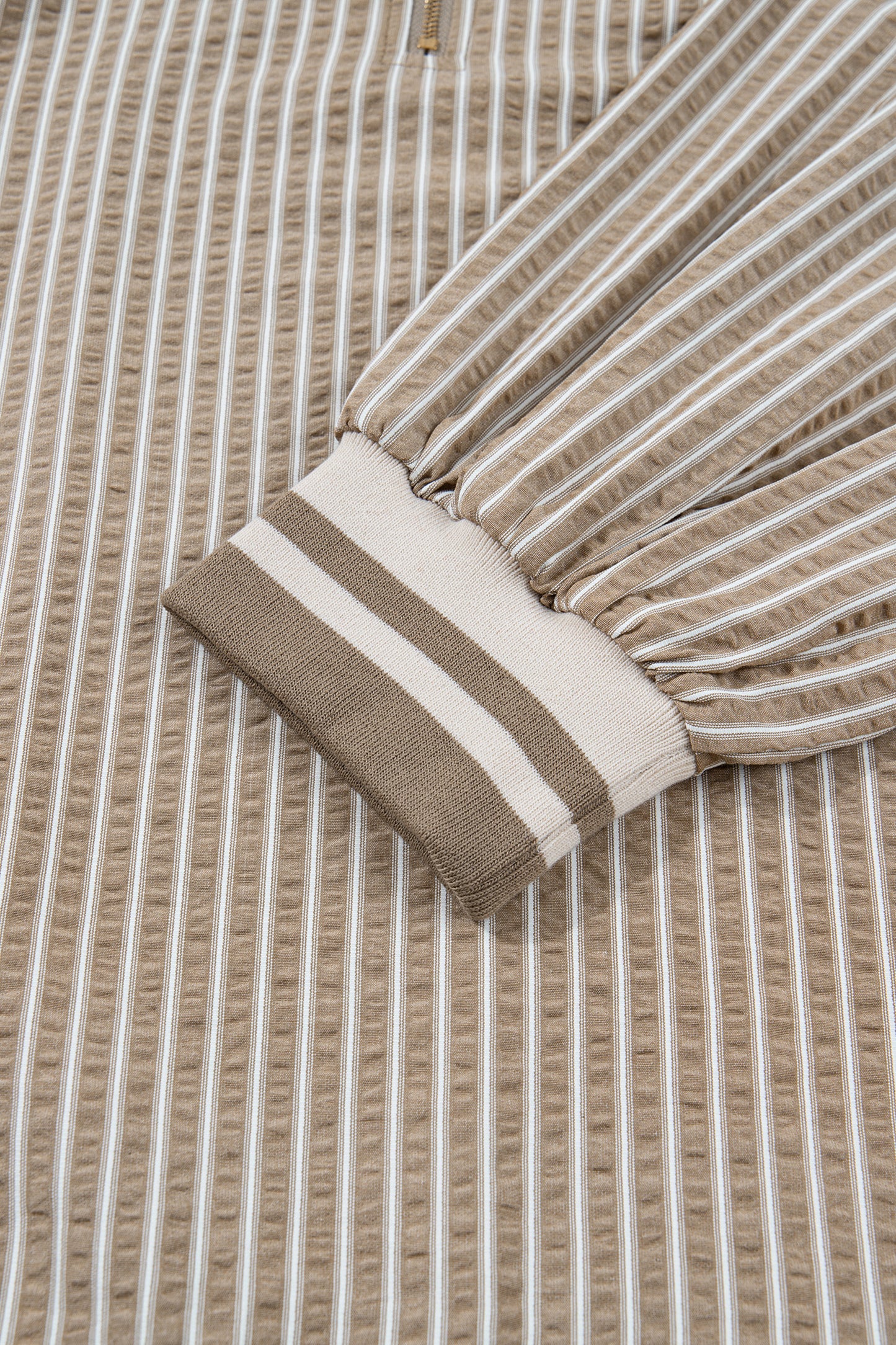 Khaki Stripe Zip up Collared Puff Sleeve Ruffled Plus Size Mini Dress