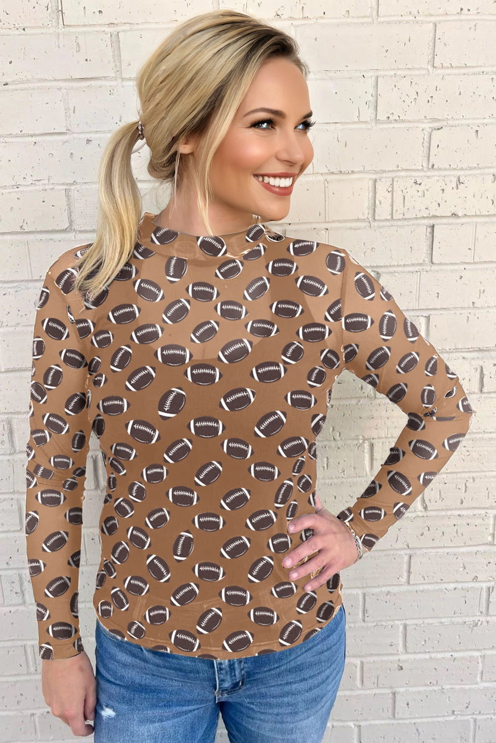 Brown Game Day Rugby Mesh Sheer Long Sleeve Top
