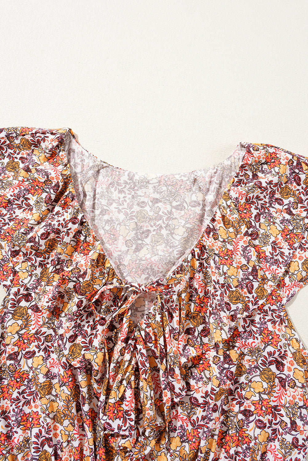 Red Floral Print Knot V Neck Ruffled Sleeve Blouse