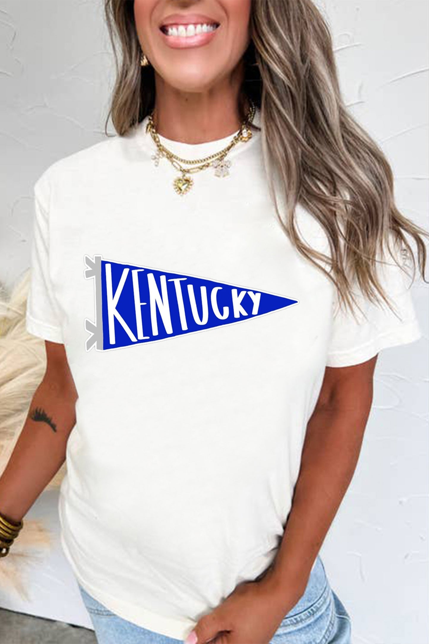 White KENTUCKY Pennant Print Casual Tee