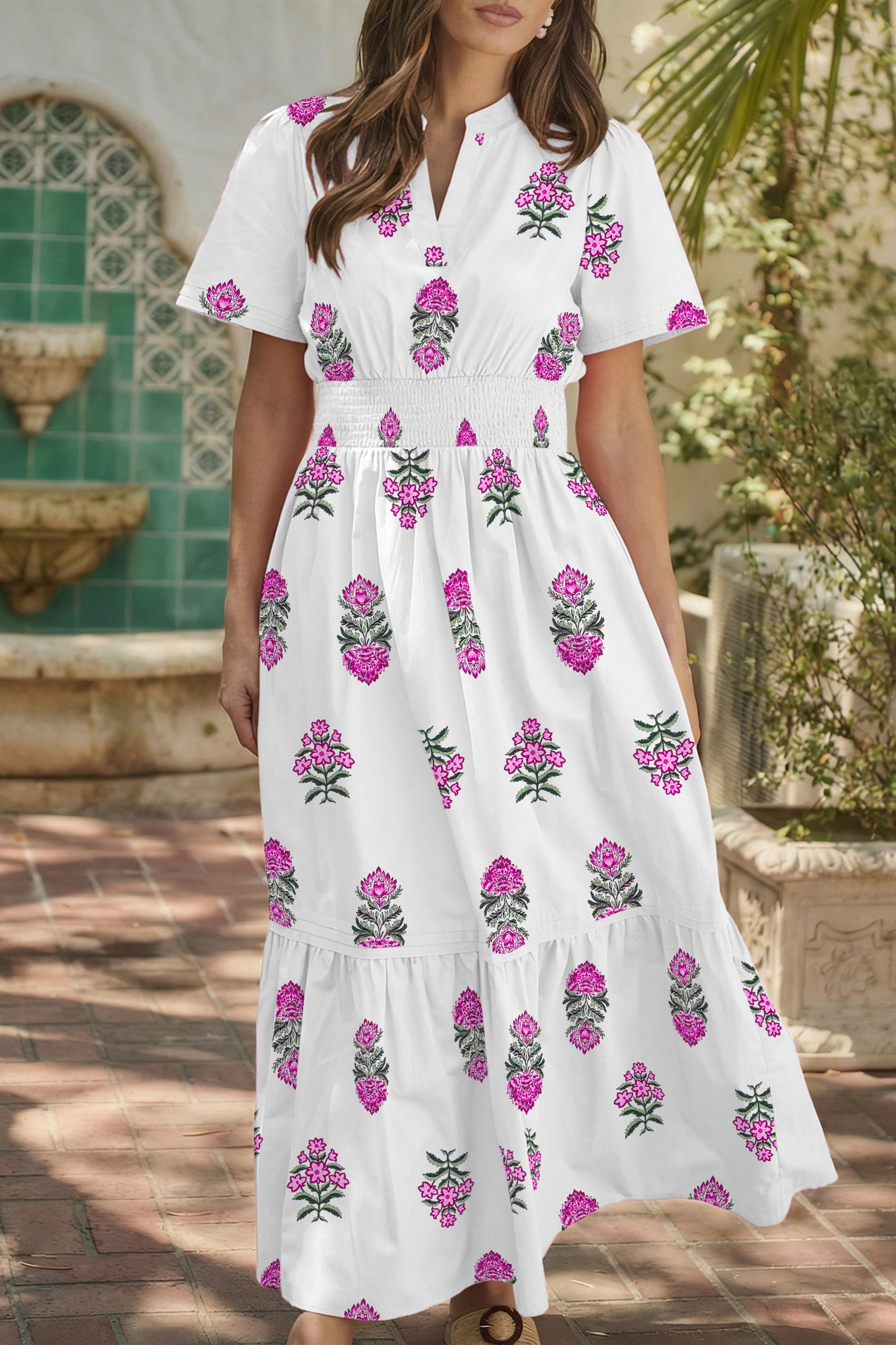 Green Floral Print Split Neck Shirred High Waist Ruffle Hem Maxi Dress