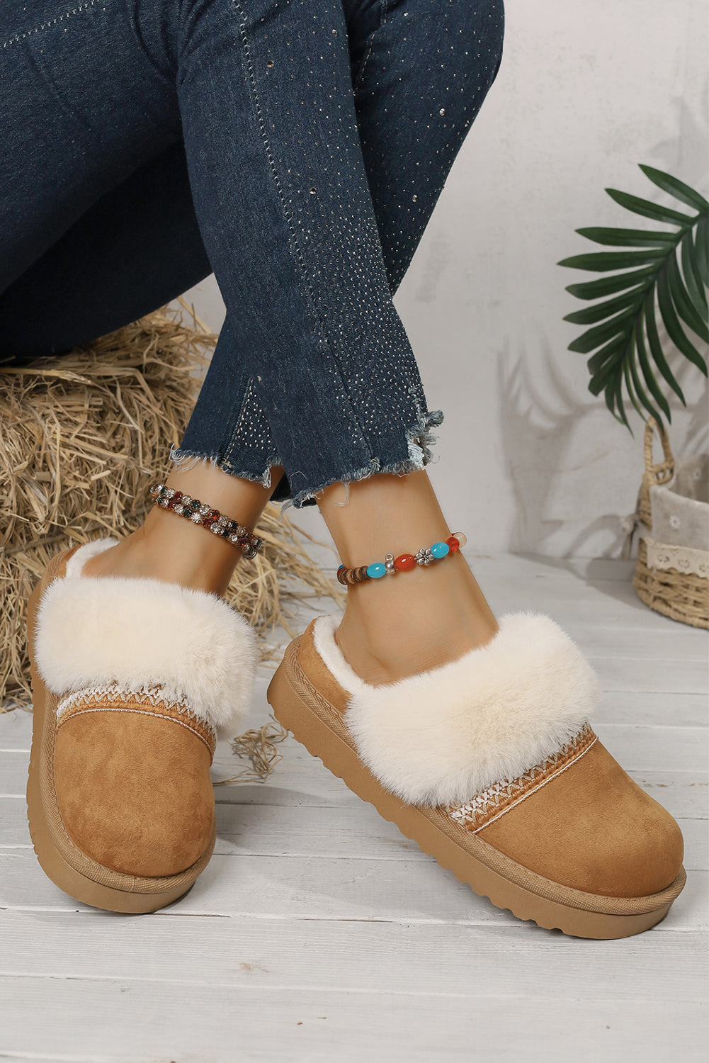 Camel Suede Fuzzy Winter Warm Platform Slippers