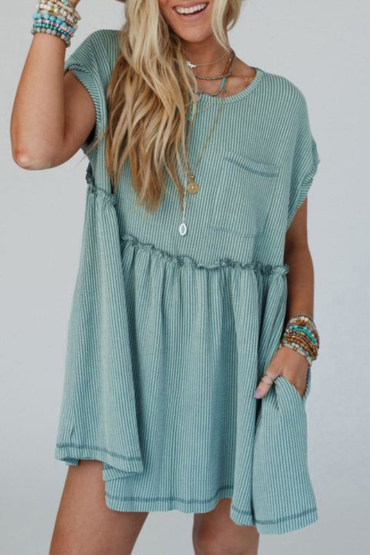 Canton Corded Knit Textured Patched Pocket Frilled Swing Mini Dress with Pockets