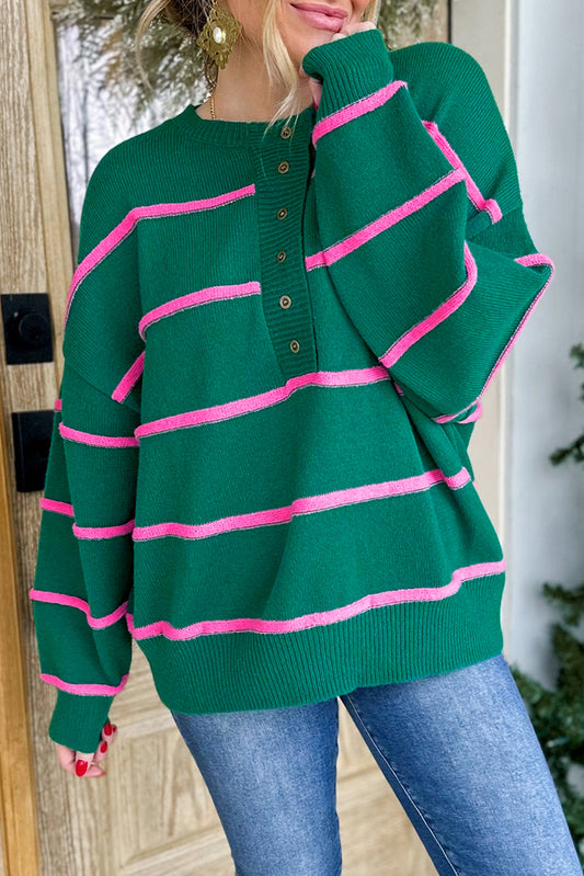 Green Stripe Half Buttons Drop Shoulder Oversized Sweater