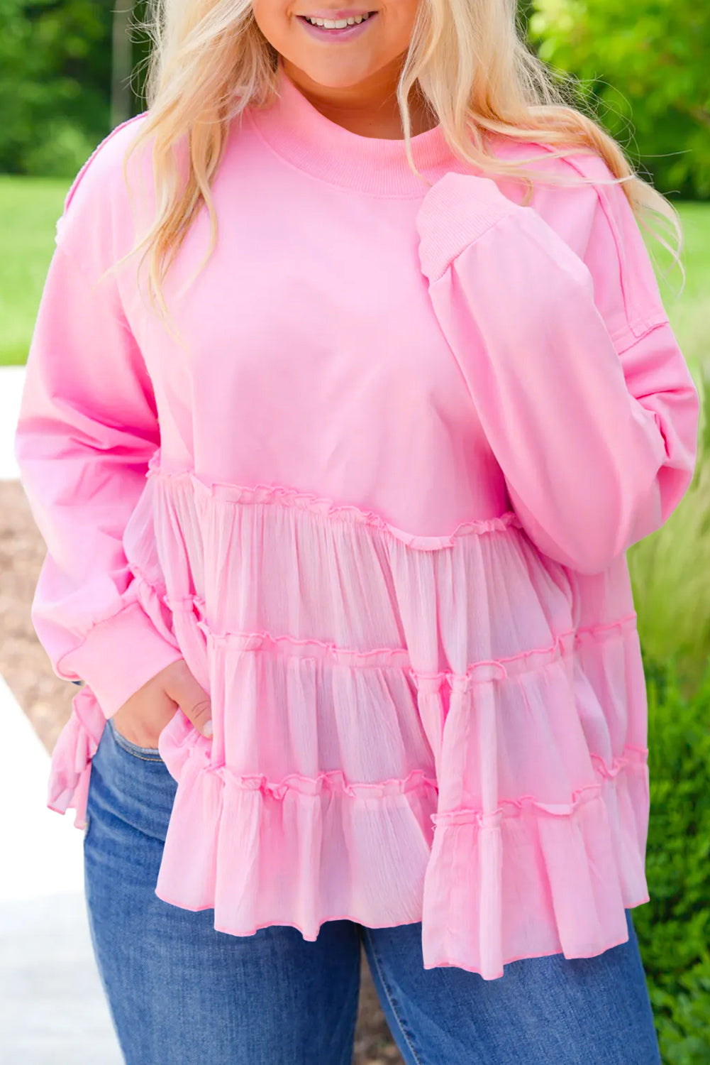 Navy Blue Frill Tiered Patchwork Ribbed Trim Flowy Plus Size Top