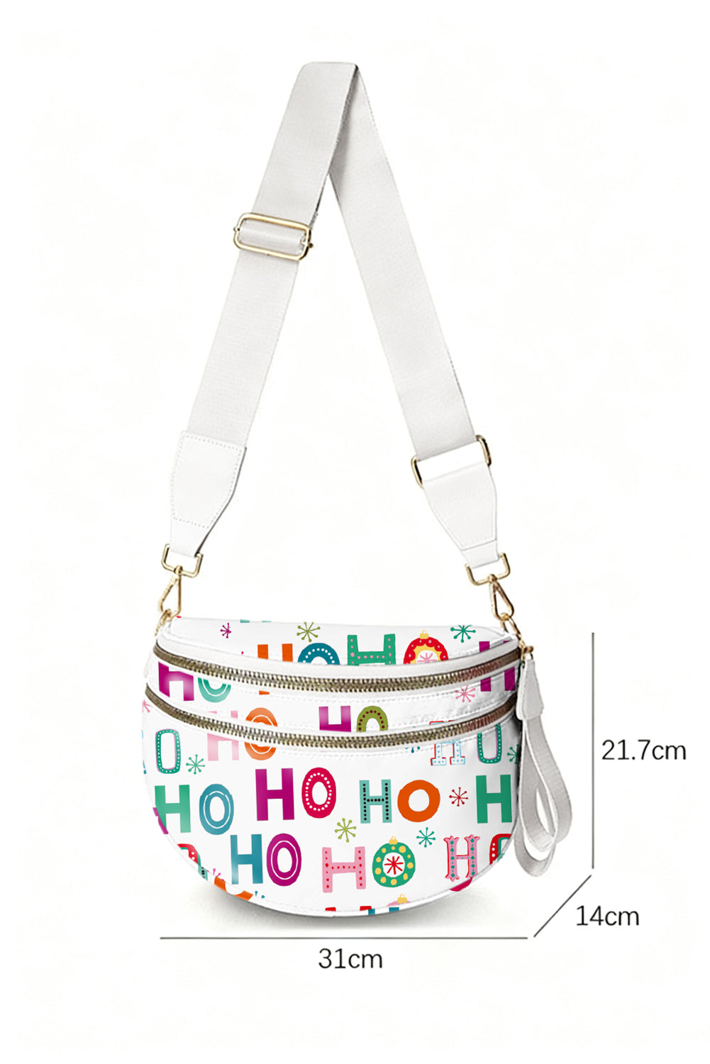 White HO HO HO Print Double Zip Crossbody Bag