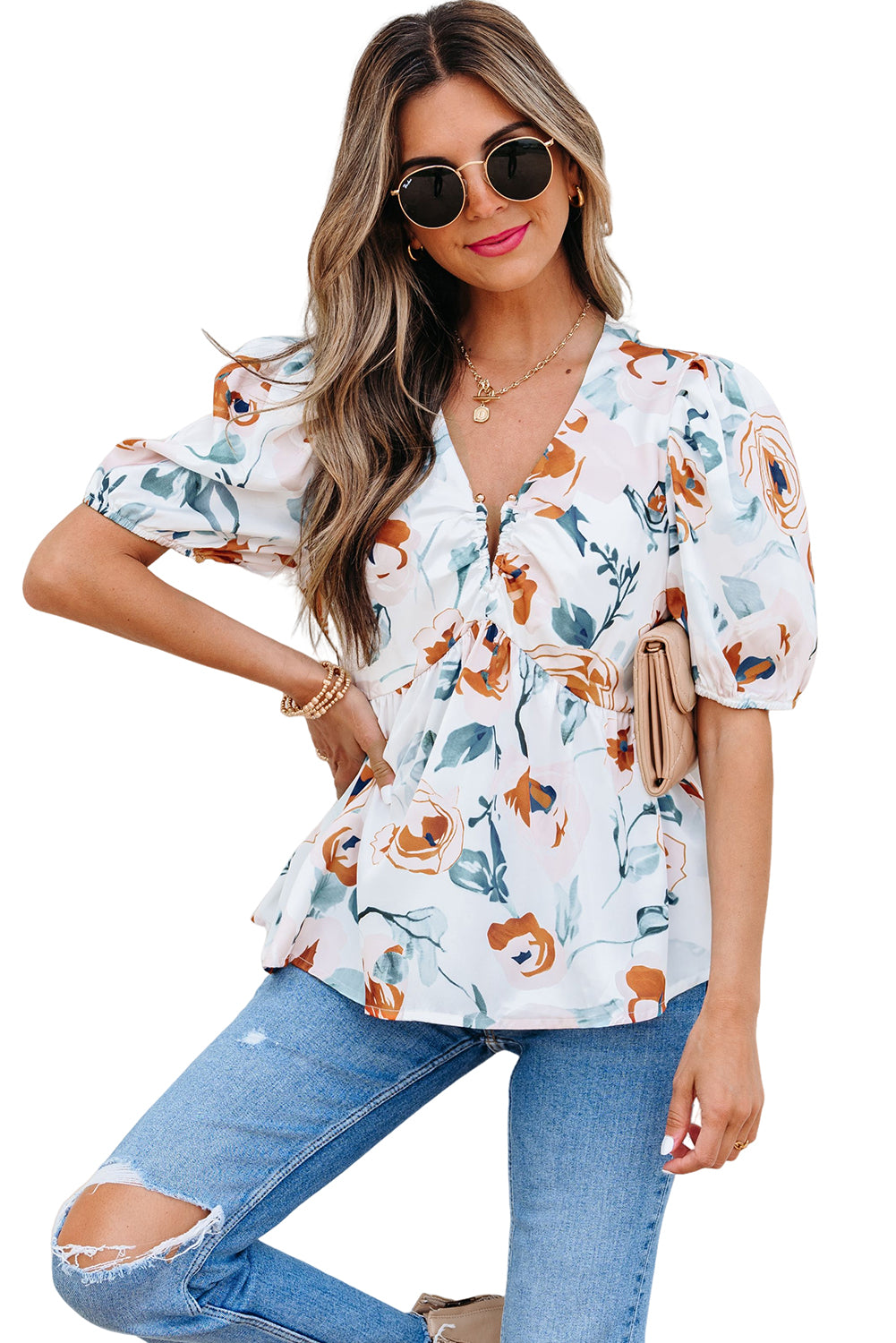 Green Floral Print Puff Sleeve V Neck Babydoll Blouse