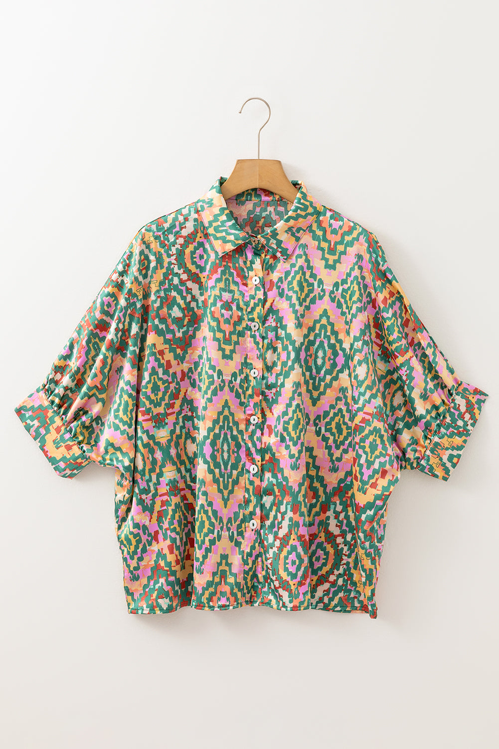 Dark Green Abstract Print Half Sleeve Button up Loose Shirt