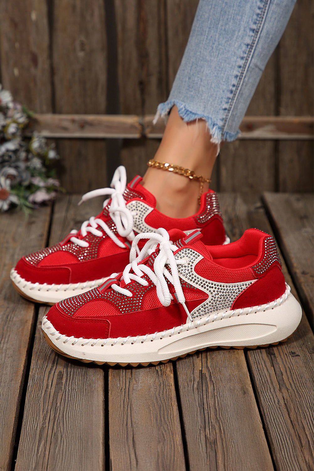 White Rhinestone PU Leather Platform Casual Sneakers