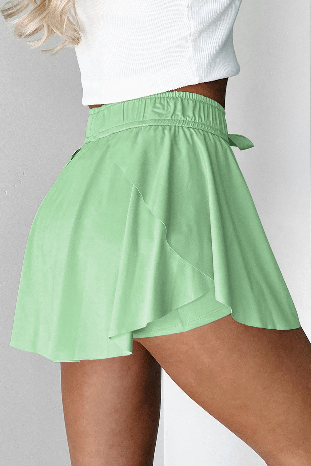 Light Green Drawstring High Waist Lined Tennis Skorts