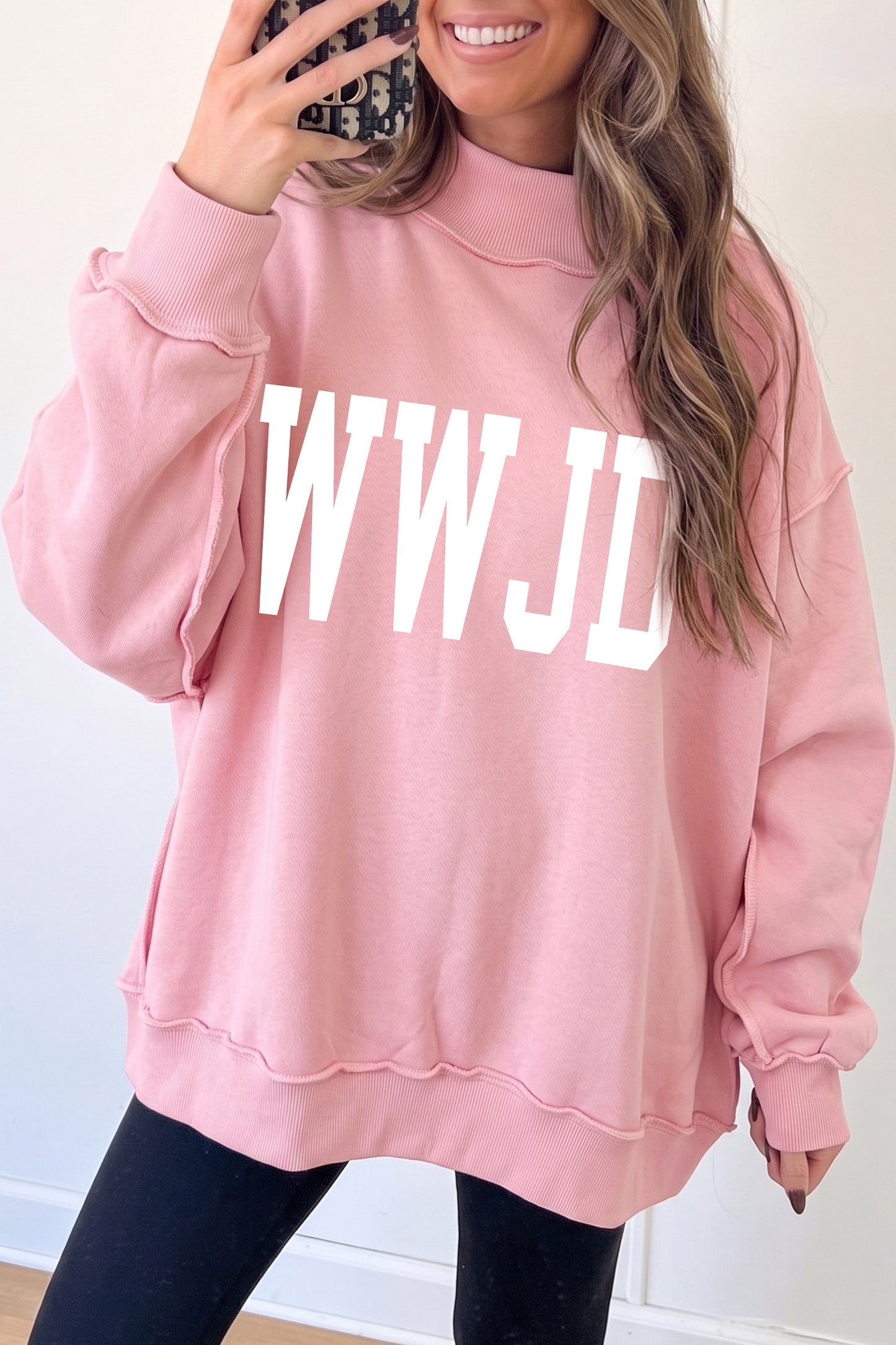 Light Pink WWJD/ AMEN Double Side Printed Mock Neck Reversible Sweatshirt