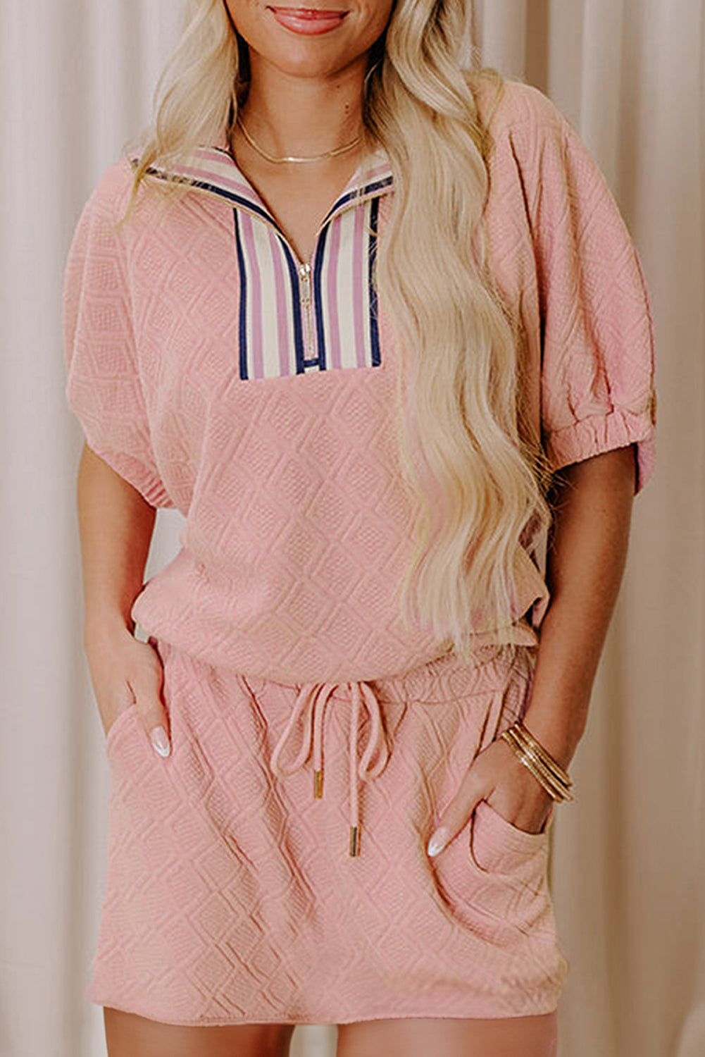 Light Pink Striped Collared Zip up Textured Skirt Set
