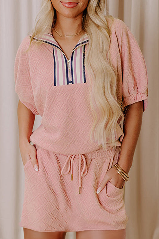 Light Pink Striped Collared Zip up Textured Skirt Set
