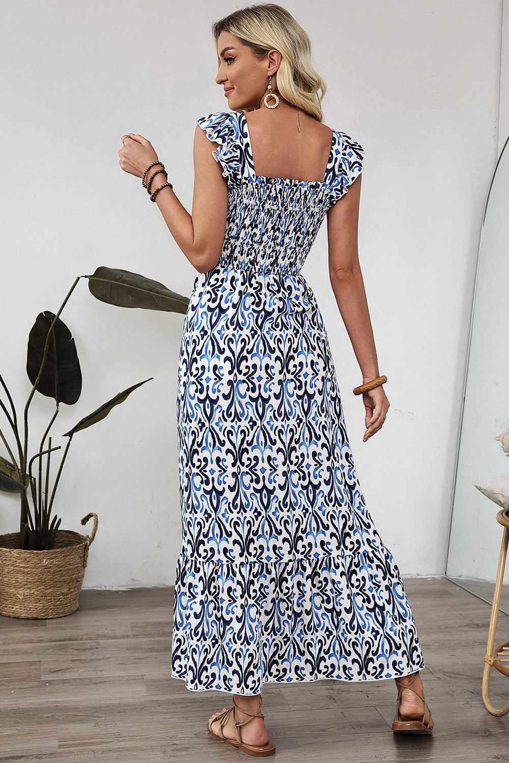 Sky Blue Boho Print Smocked High Waist Maxi Dress