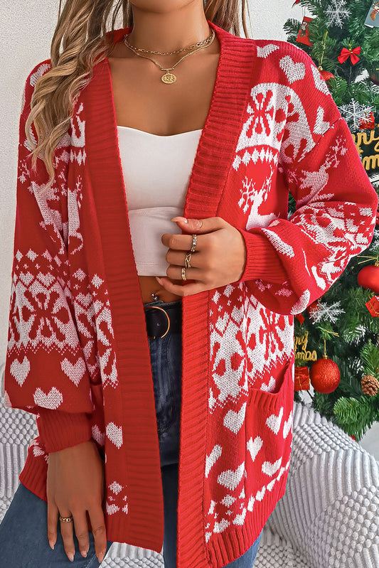 Fiery Red Christmas Reindeer Heart Pattern Pocket Knit Cardigan
