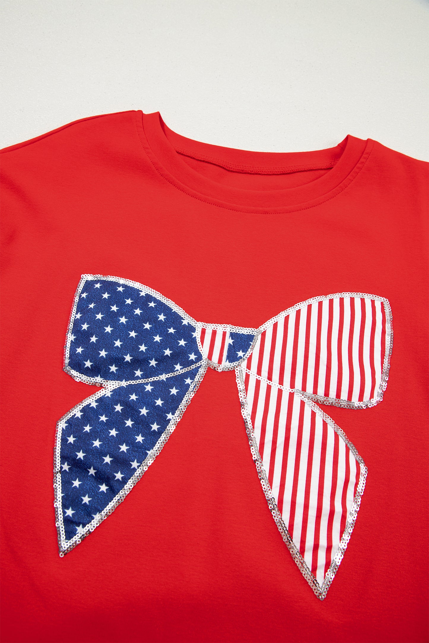 Fiery Red Sequin Trim Stars and Stripes Bow Patched T Shirt Mini Dress