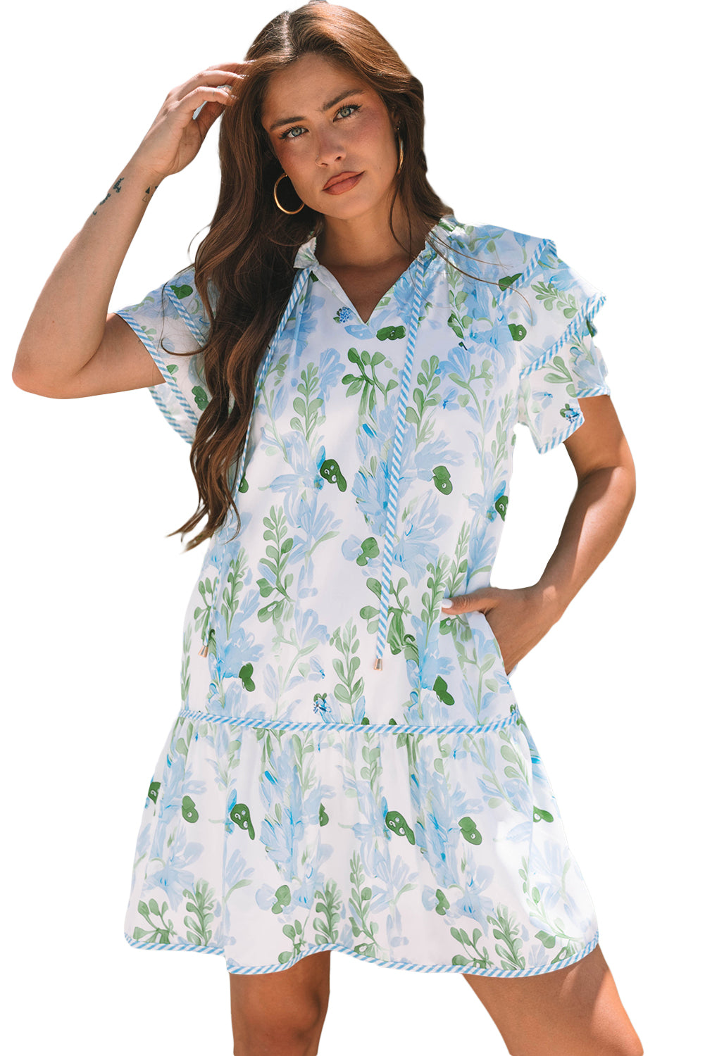 Sky Blue Floral Contrast Edge Layered Short Sleeve Mini Dress