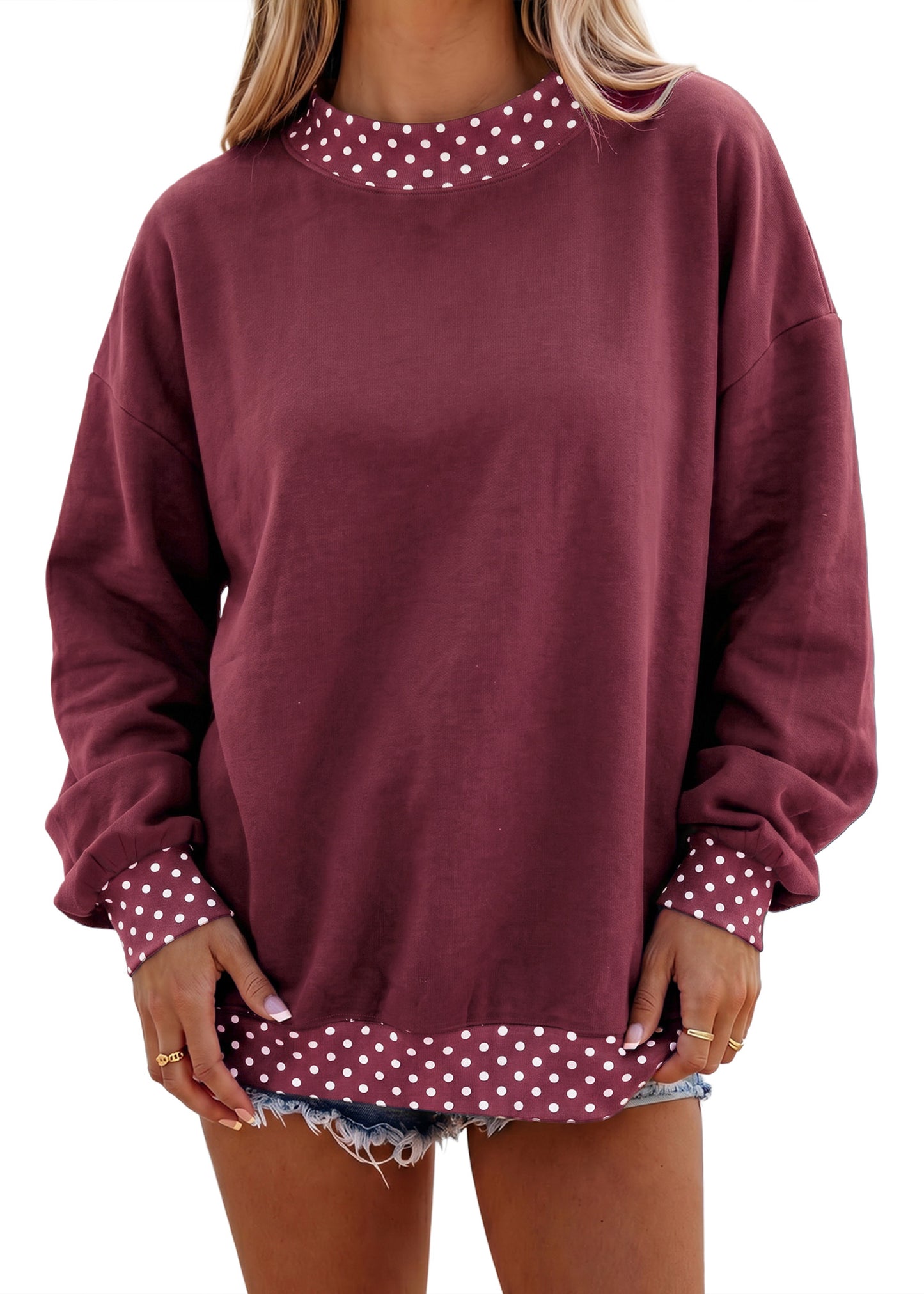Brown Colorblock Polka Dot Contrast Trim Oversized Sweatshirt