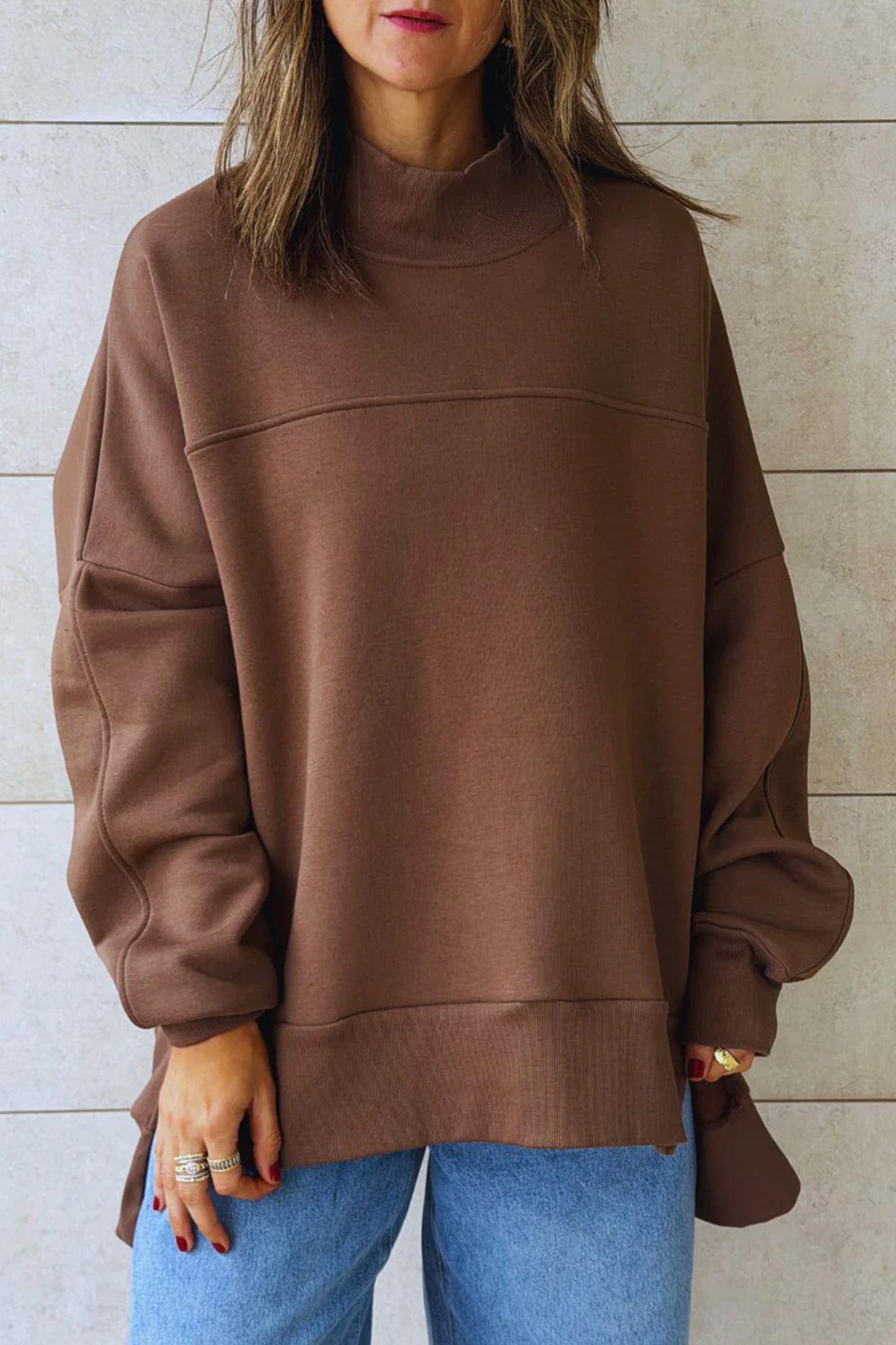 Coffee Solid Color Oversized Mock Neck Split Hem Tunic Sweatshirt