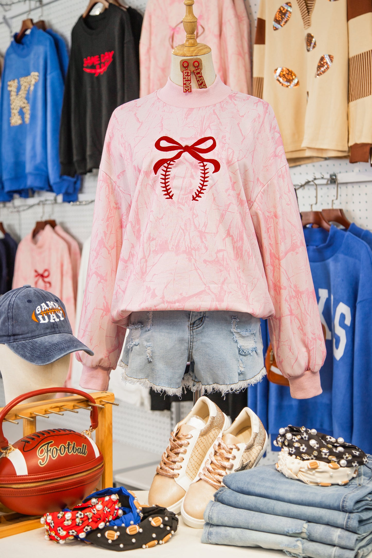 Pink Tie Dye Camo Embroidered Bow Game Day Mock Neck Sweatshirt