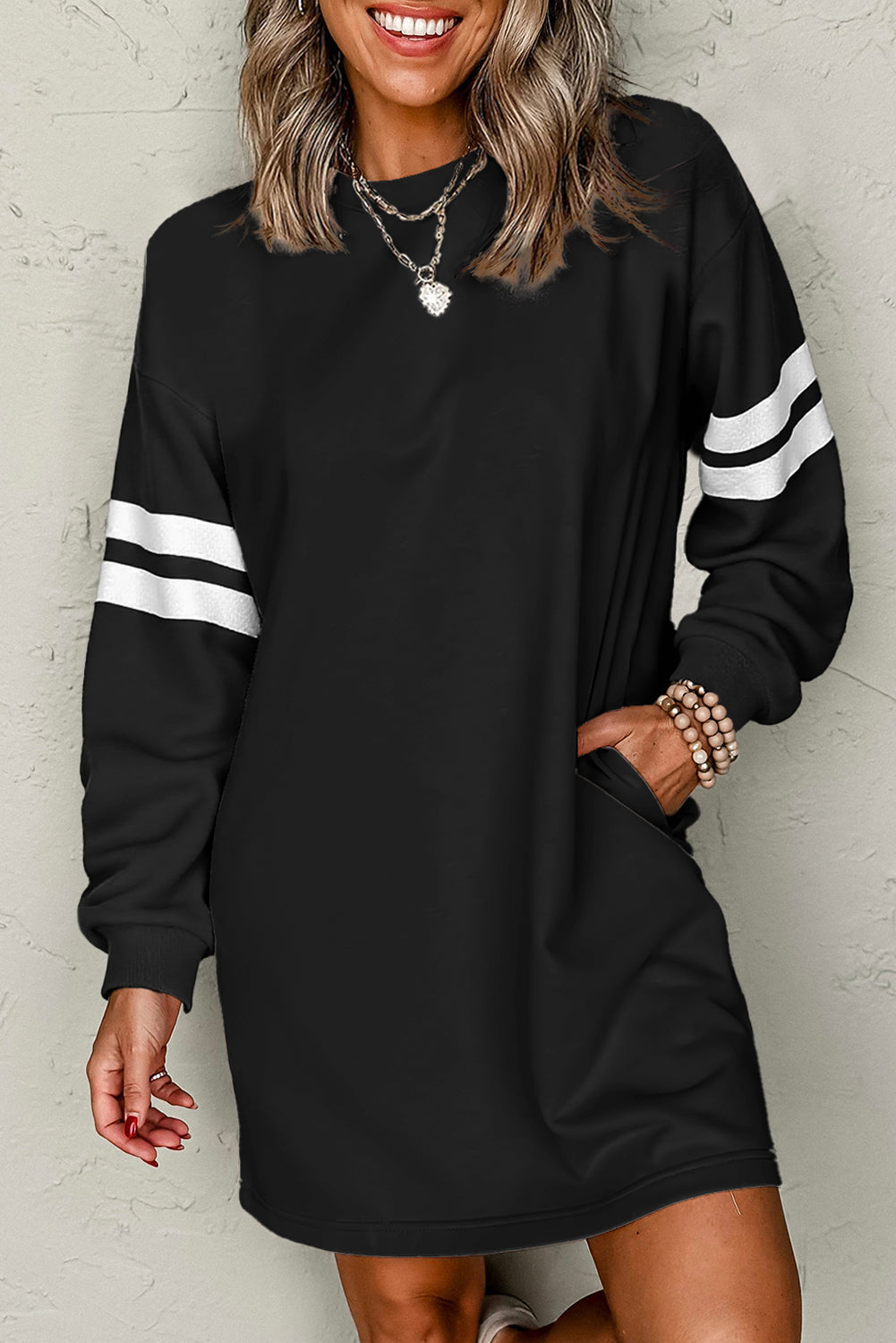 Fiery Red Varsity Contrast Banded Sleeve Shift Sweatshirt Dress