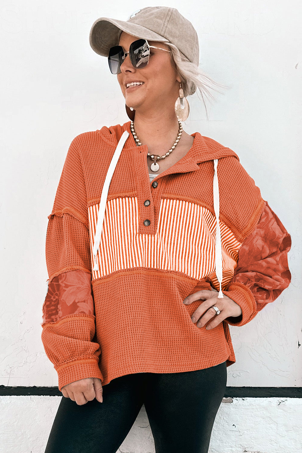 Cinnamon Striped Waffle Patchwork Drawstring Hooded Long Sleeve Top