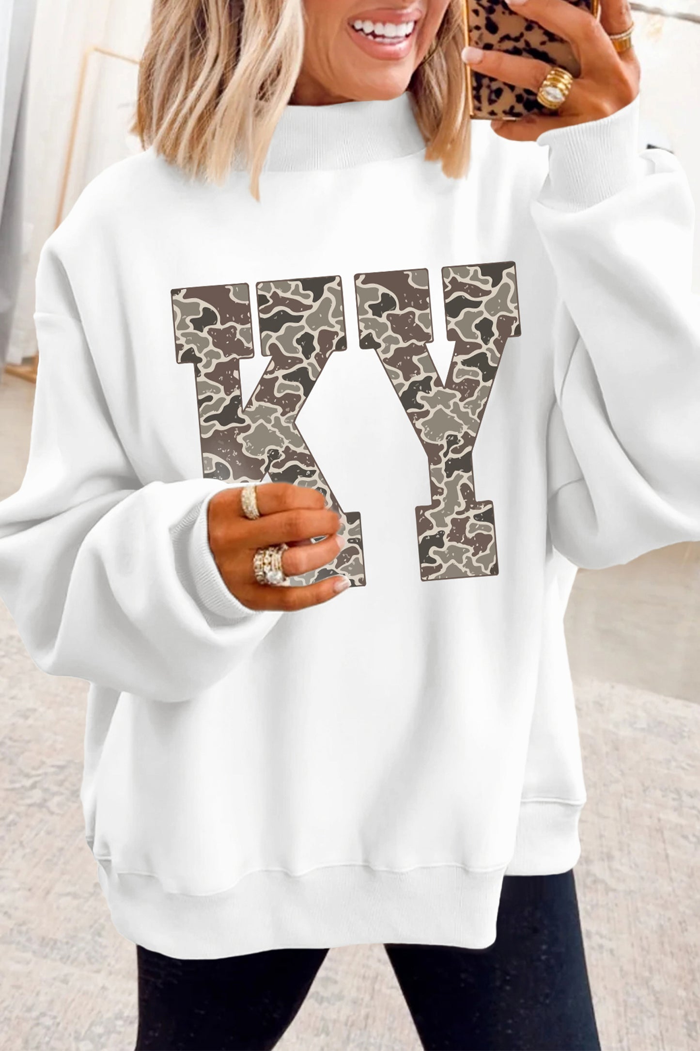 White Camo Letter Bow Printed KENTUCKY Mock Neck Reversible Sweatshirt