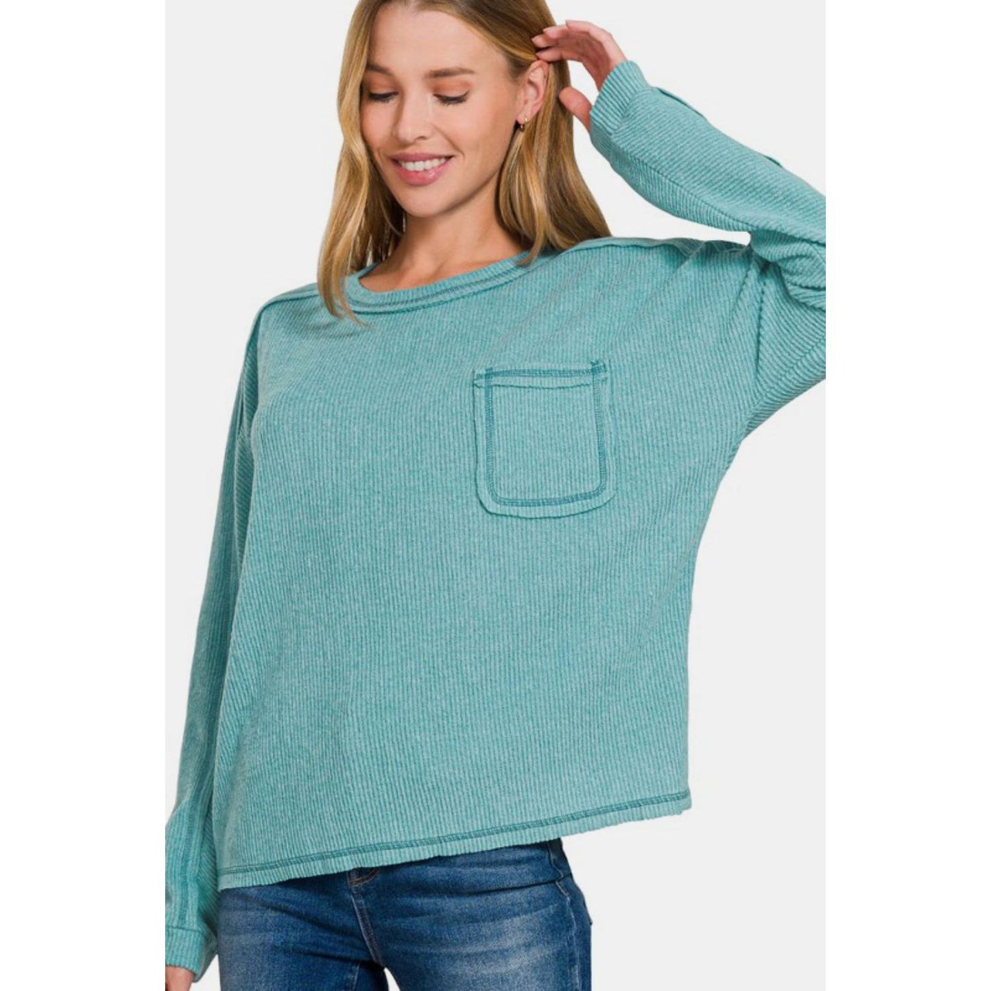 Zenana Full Size Contrast Stitching Brushed Ribbed Hacci Knit Top Plu Size