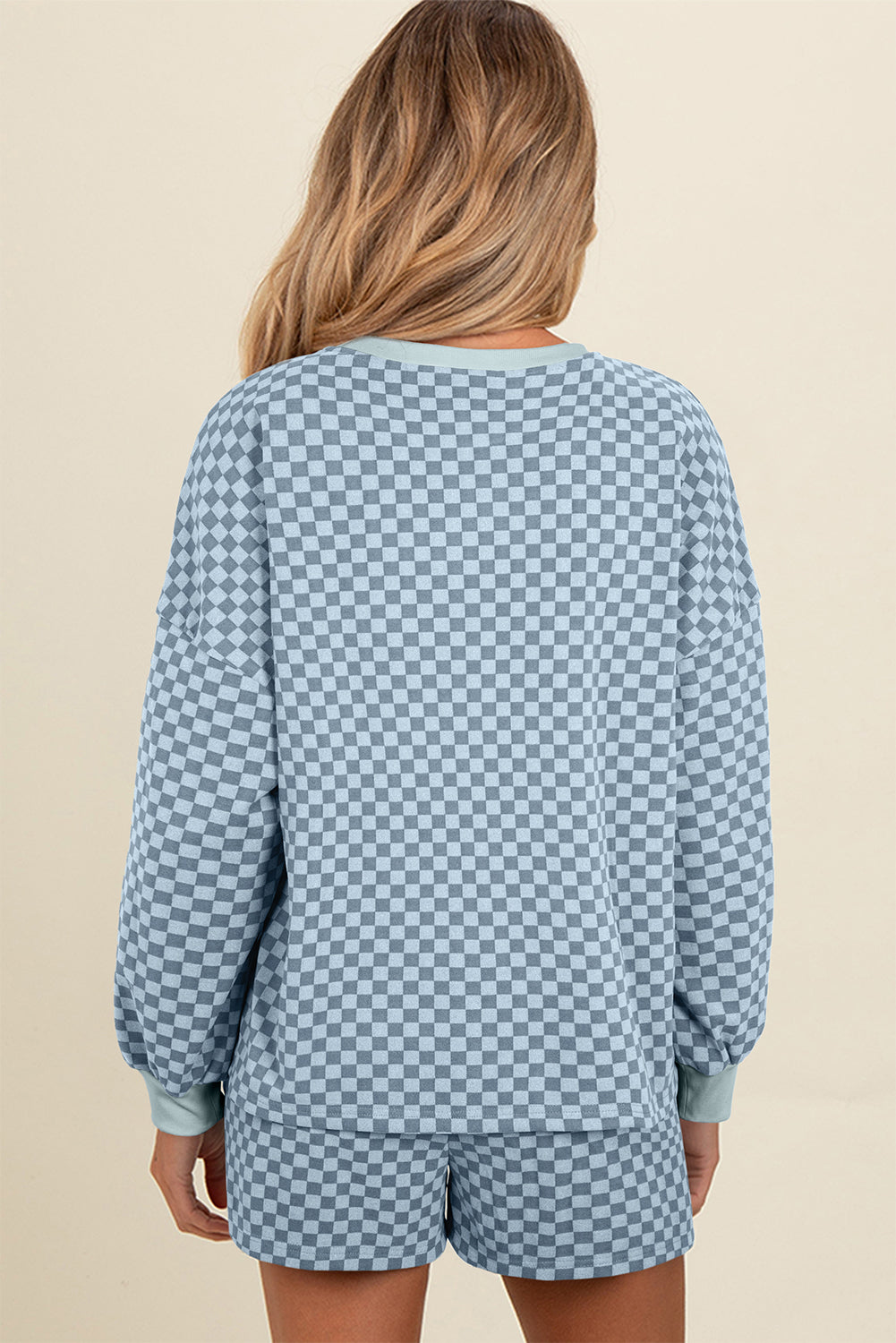 Brown Checkerboard Contrast Trim Long Sleeve Pullover and Shorts Set