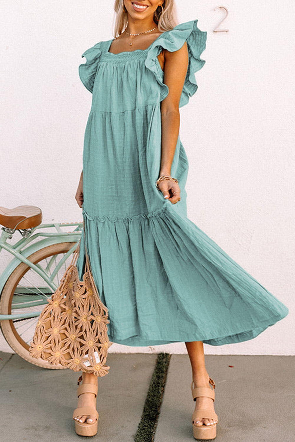 Green Ruffled Flutter Sleeve Square Neck Textured Tiered Maxi Dress