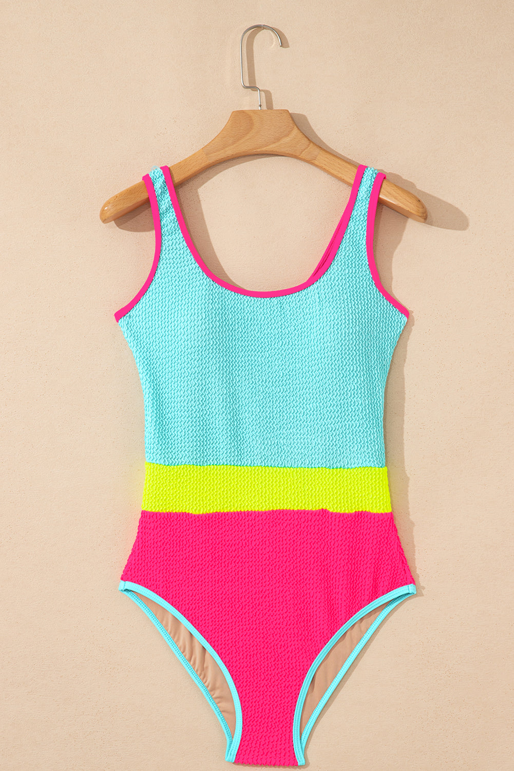 Rose Red Textured Colorblock One Piece Swimsuit