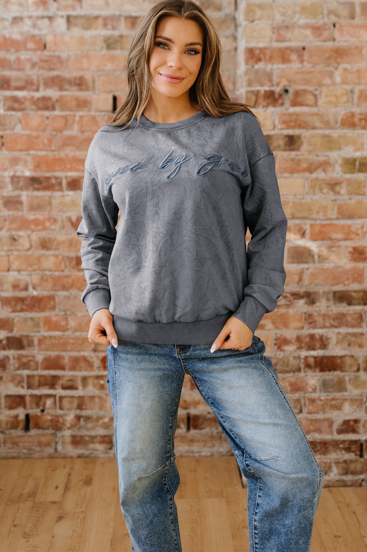 High-rise saved by grace Letter Embroidery Mineral Wash Loose Sweatshirt