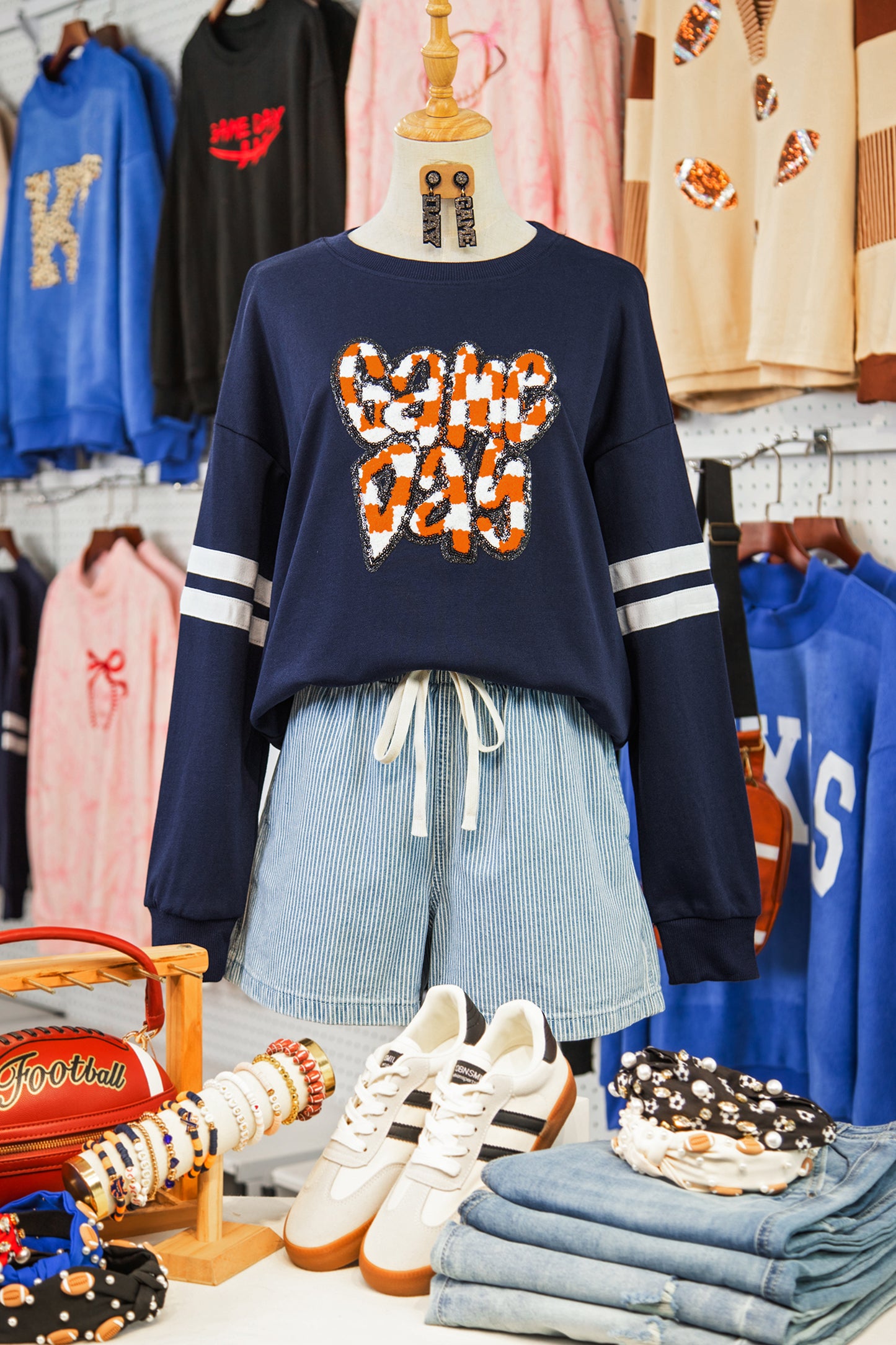 Navy Blue Game Day Chenille Checkered Letter Graphic Oversized Varsity Sweatshirt