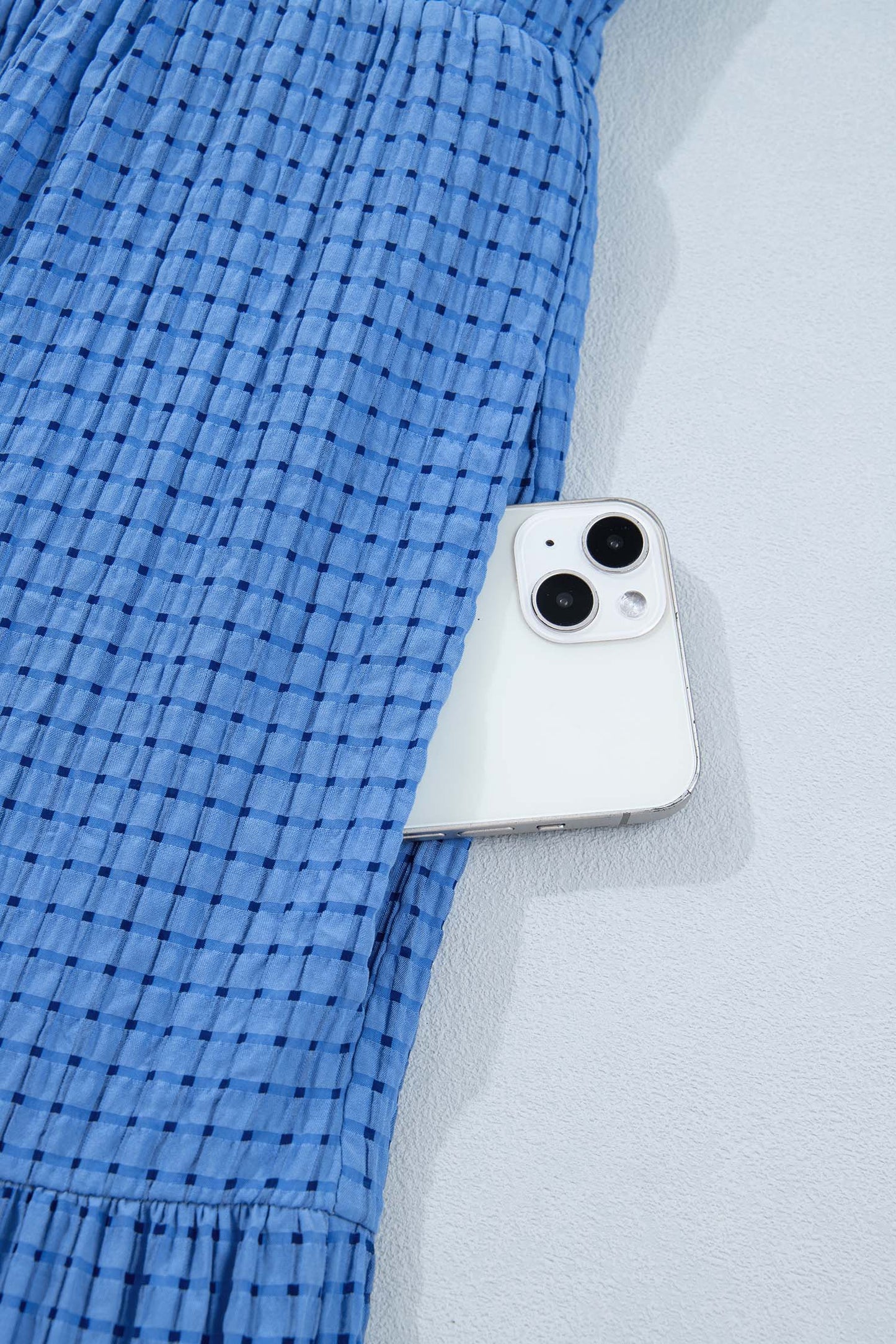 Dusk Blue Gingham Textured Bow Tie Short Sleeve Tiered Midi Dress