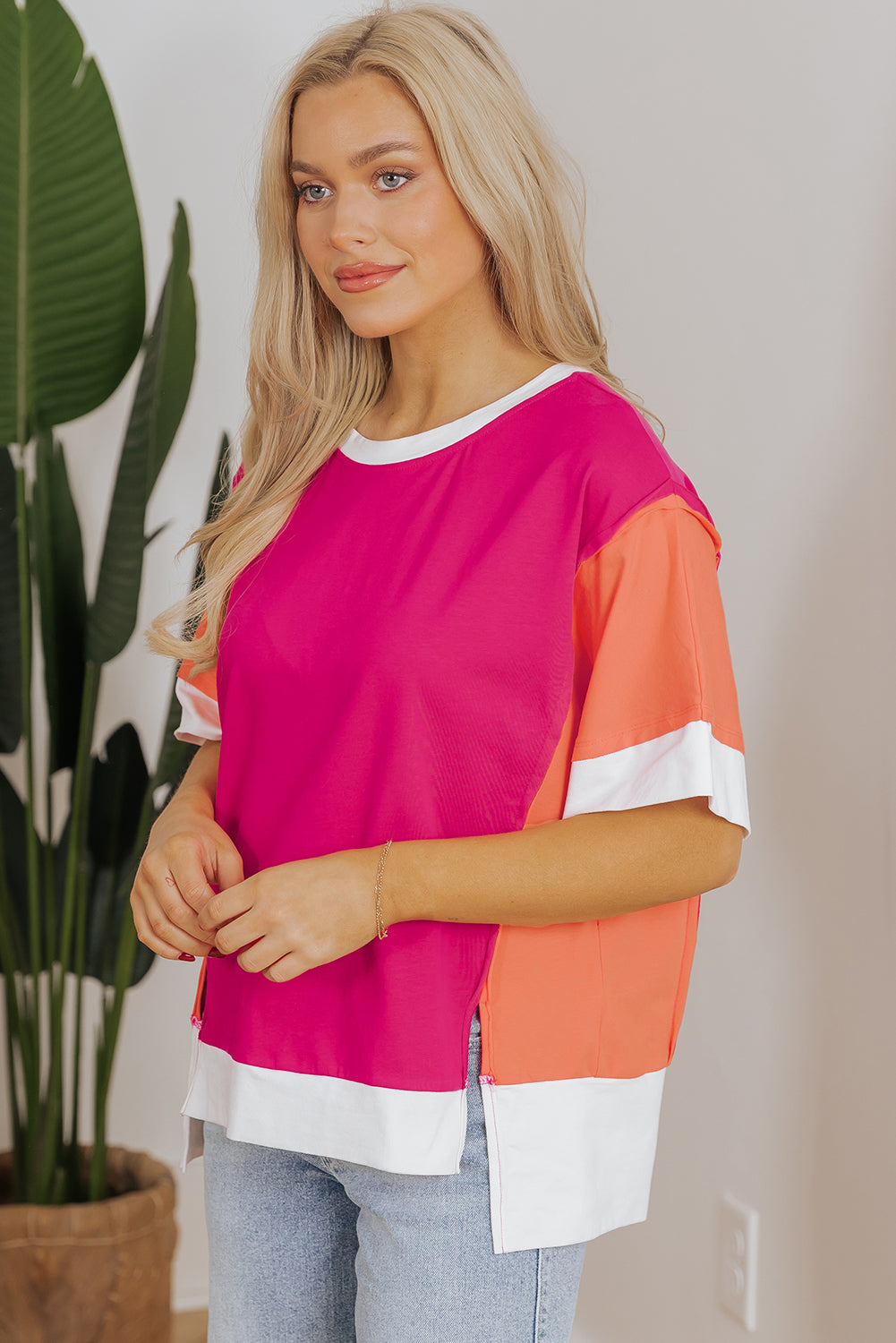 Rose Red Color Block Patchwork Side Slits Loose Fit T Shirt