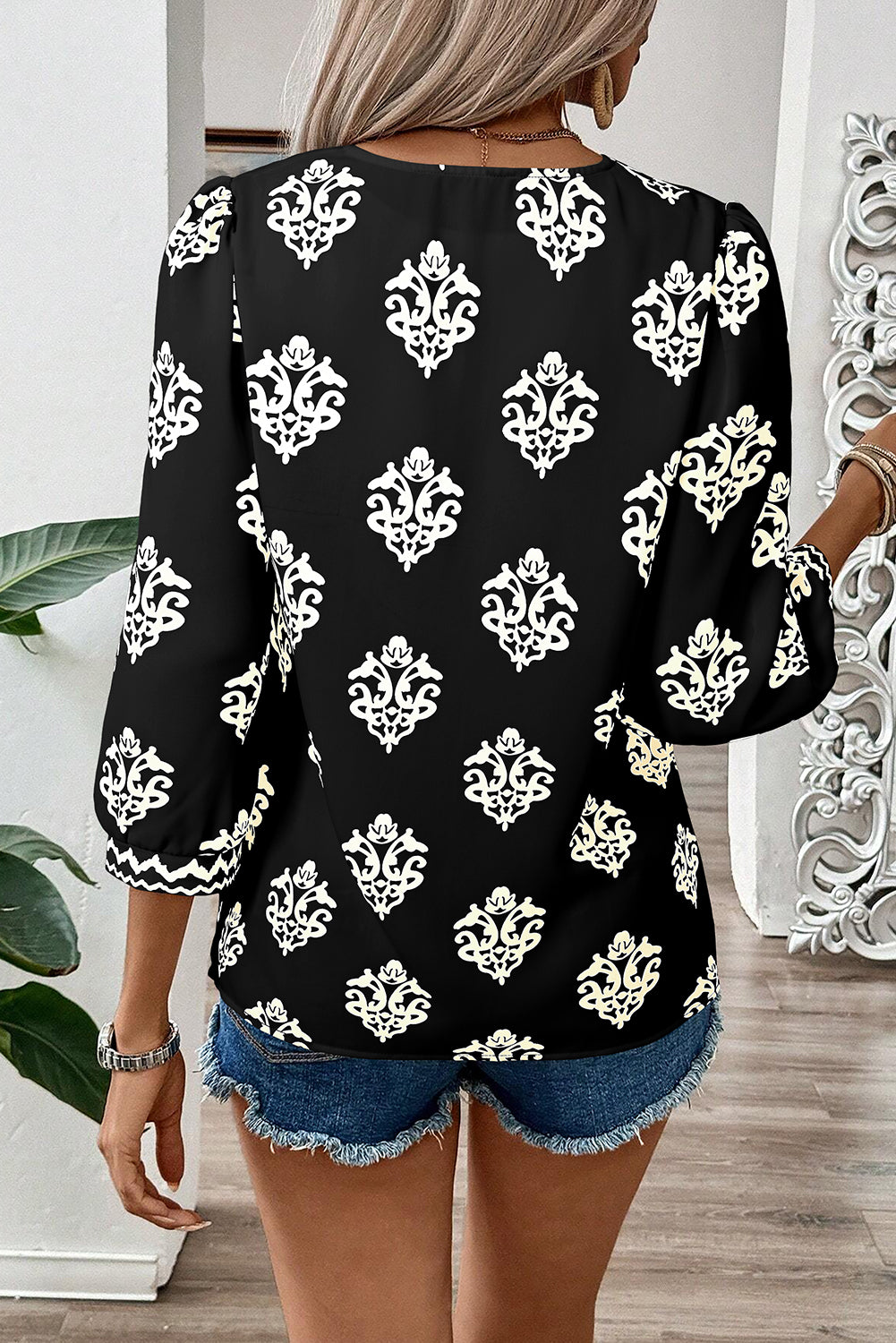 Green Damask Floral Print Contrast V Neck 3/4 Sleeve Blouse