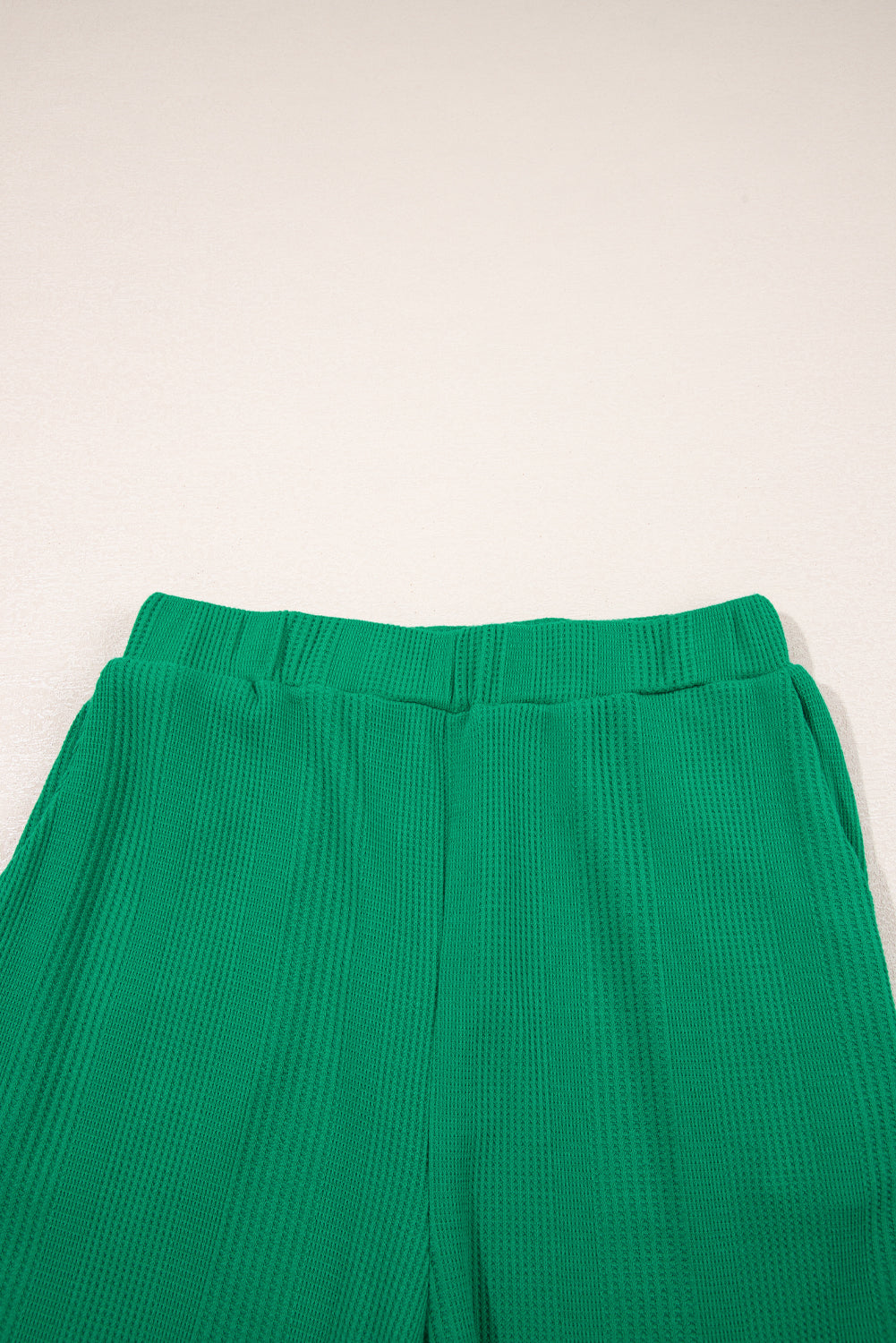 Green Solid Color Ribbed Ruffle Tank Top and Pants Set