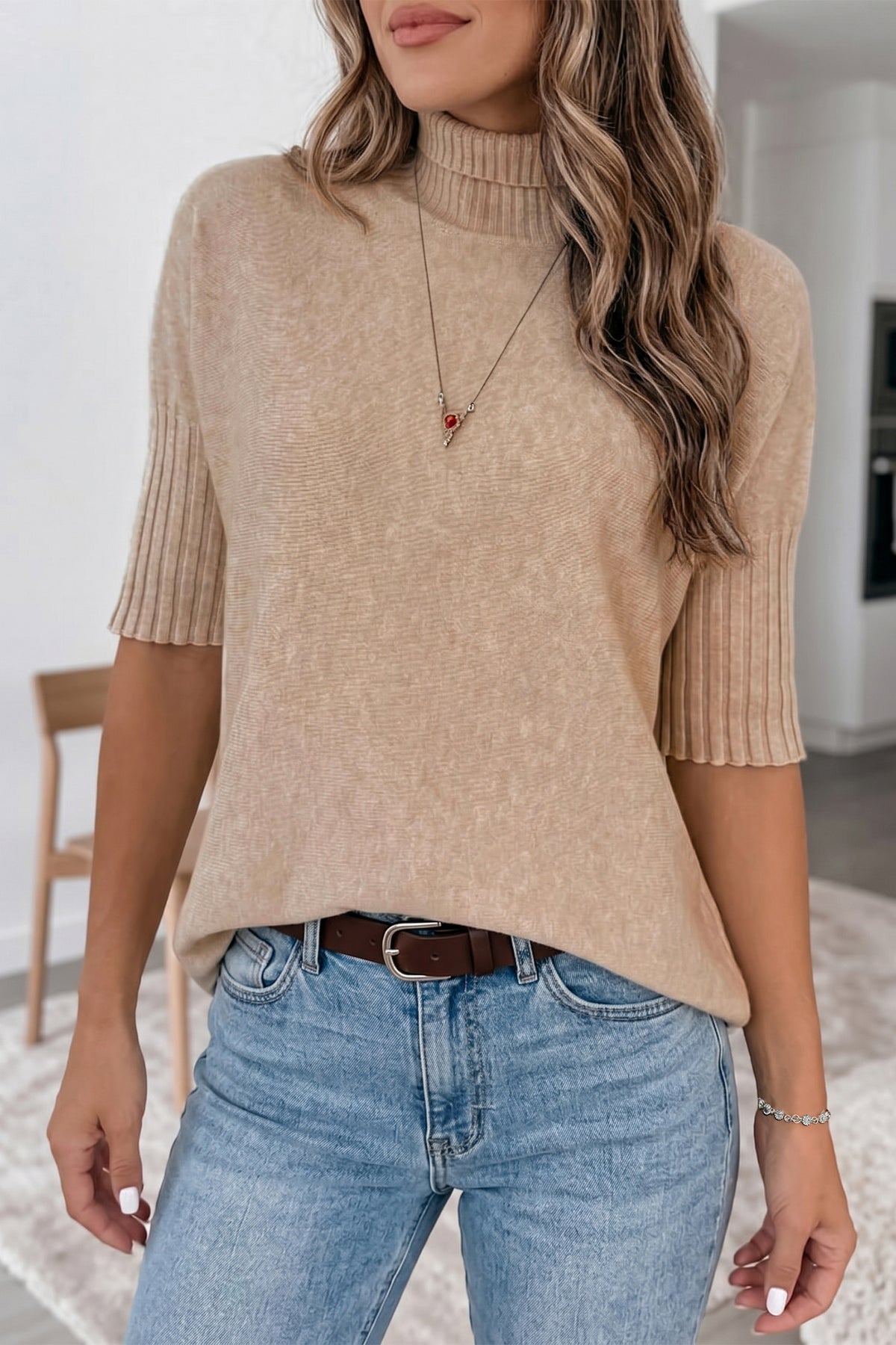 Burgundy Ribbed Trim High Neck Short Sleeve Casual Sweater