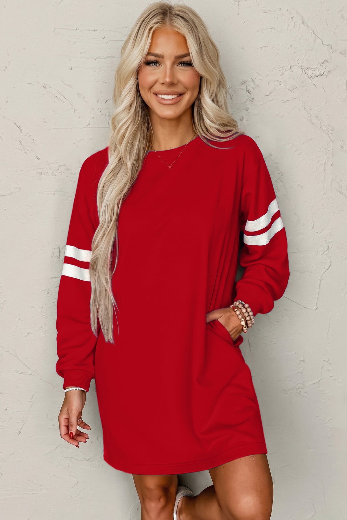 Fiery Red Varsity Contrast Banded Sleeve Shift Sweatshirt Dress