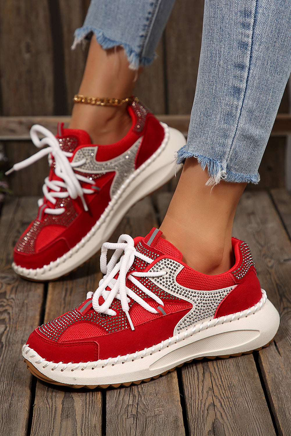 White Rhinestone PU Leather Platform Casual Sneakers