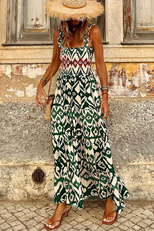 Green Boho Shirred A line Sleeveless Maxi Dress