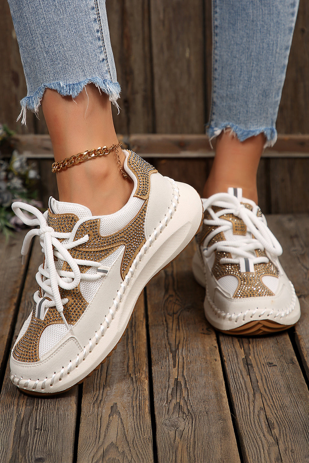 White Rhinestone PU Leather Platform Casual Sneakers