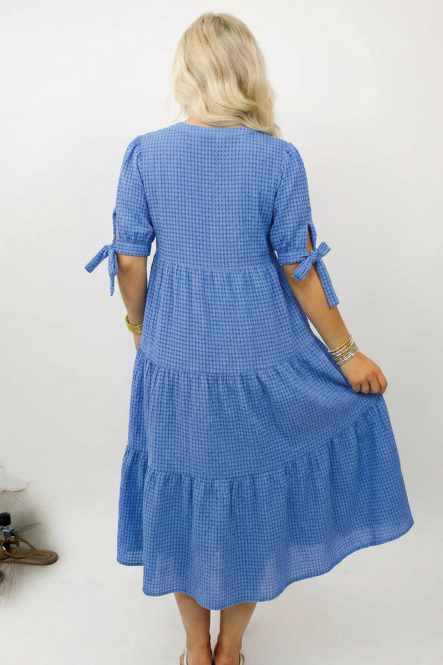 Dusk Blue Gingham Textured Bow Tie Short Sleeve Tiered Midi Dress